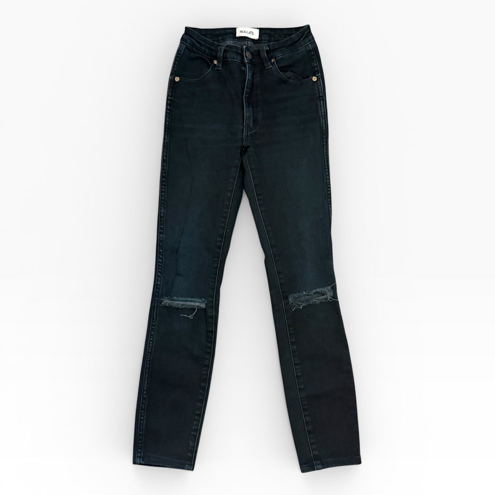 Rollas Westcoast Super Skinny Jeans Black Distressed Knee Mid Rise 24/6R Grunge‎
